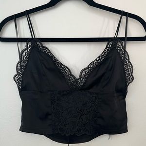 Zara • NWT Black Satin and Lace Crop Top Size Small